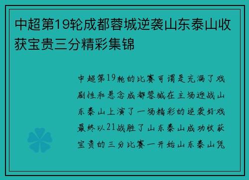 中超第19轮成都蓉城逆袭山东泰山收获宝贵三分精彩集锦